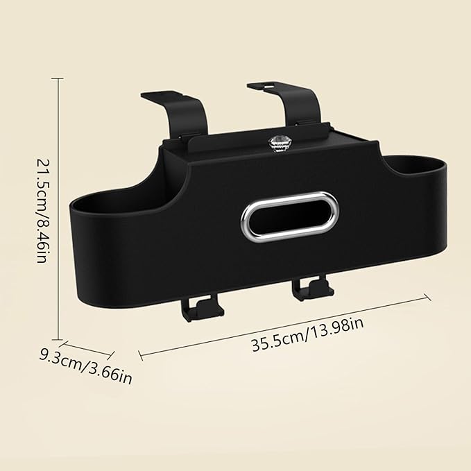 4-in-1 Back Seat Car Organizer, Adjustable Hooks, Universal Fit, with Cup Holder, Tissue Box & Storage, for Travel, Stores Phone, Snacks, Drinks, Handbags, Keeps Car Neat & Space-Saving (Black)