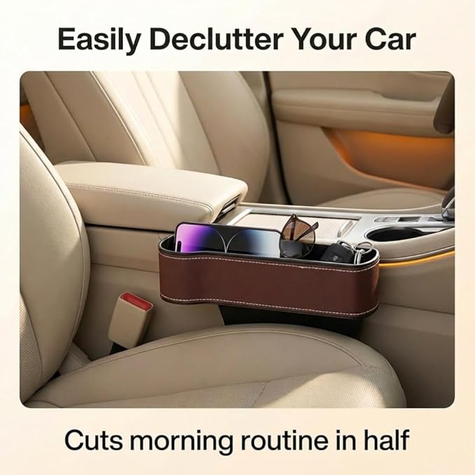 Car Seat Gap Filler Organizer, 2026 New Premium Leather Console Organizer for Holding Phone, Sunglasses, Auto Console Side Storage Box with Cup Holders 2 Seat Hooks for Drink (Black, 1Set)