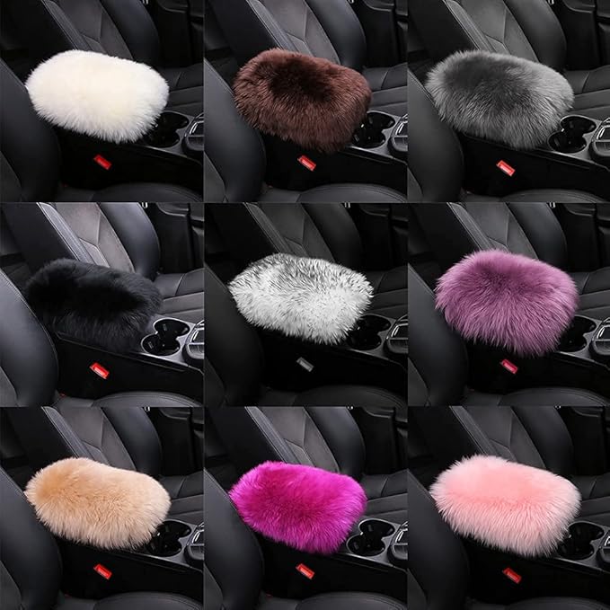 LLB Auto Center Console Cover Pad Universal Fit for SUV/Truck/Car, Genuine Sheepskin Wool Fur Car Armrest Seat Box Cover, Furry Fluffy Auto Armrest Cover Protector (Pinky Purple)