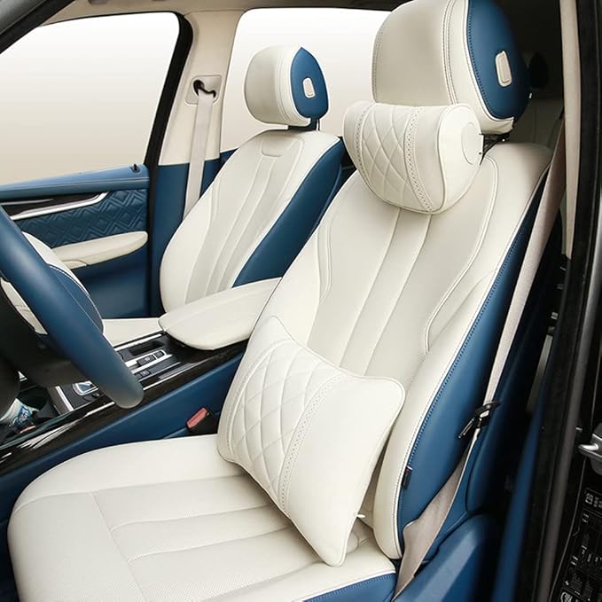 LUNDA Luxury Car Neck Pillow Car Travel Neck Rest Pillows Seat Cushion Support Napa Leather for Mercedes Benz S-Class headrest (Beige)
