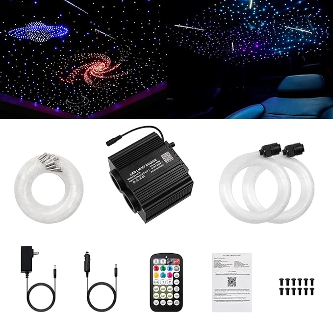 AMKI Dual Color 18W Twinkle&Meteor Starlight Headliner Kit 900pcs 0.03in 9.8ft+240pcs Pure White Shooting Star,Updated 2 in 1 Starlight Box RGBW Sound Activated Mode for Car Home Decor