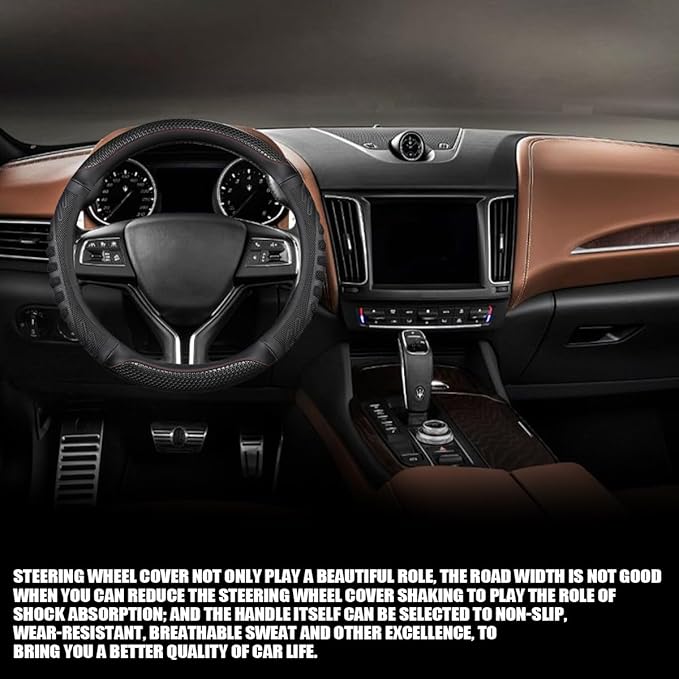 Car Steering Wheel Cover, Anti-Slip Leather Breathable Comfortable Automotive Steering Wheel Cover Protector Decoration for Men and Women, 15 Inch Universal for SUV, Truck, RV(Black)