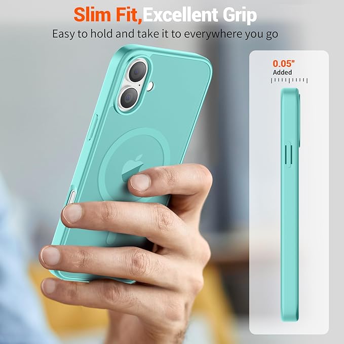 SUPFINE Magnetic for iPhone 16 Case (Compatible with MagSafe) (Military Grade Drop Protection) Slim Translucent Matte Shockproof with Anti-Fingerprint Phone Case, Blue Green
