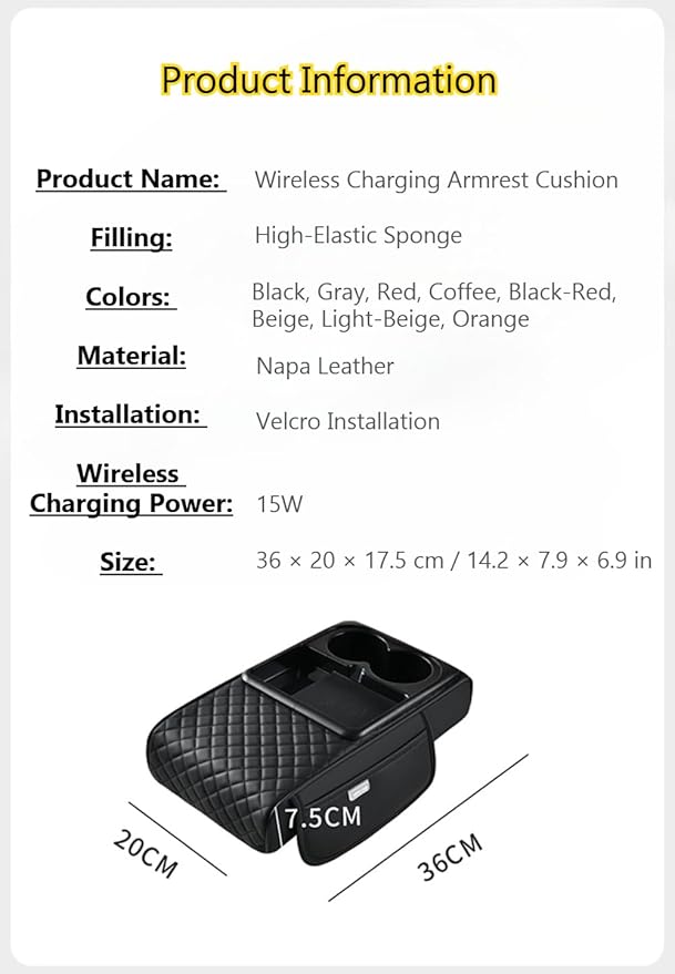 Car Armrest Pad with Built-in Induction Charging, Leather Center Console Cushion with 15W Power Pad, Dual Cup Holders, Storage Pockets - Beige