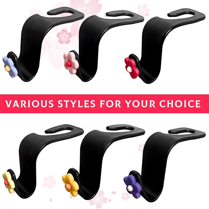 4 PCS Car Seat Headrest Hook, Plastic Headrest Hooks with Adhesive Flower, Auto Back Seat Hanger Storage Hook for Grocery Bag Purse Handbag Umbrella, Car Accessories (Red)