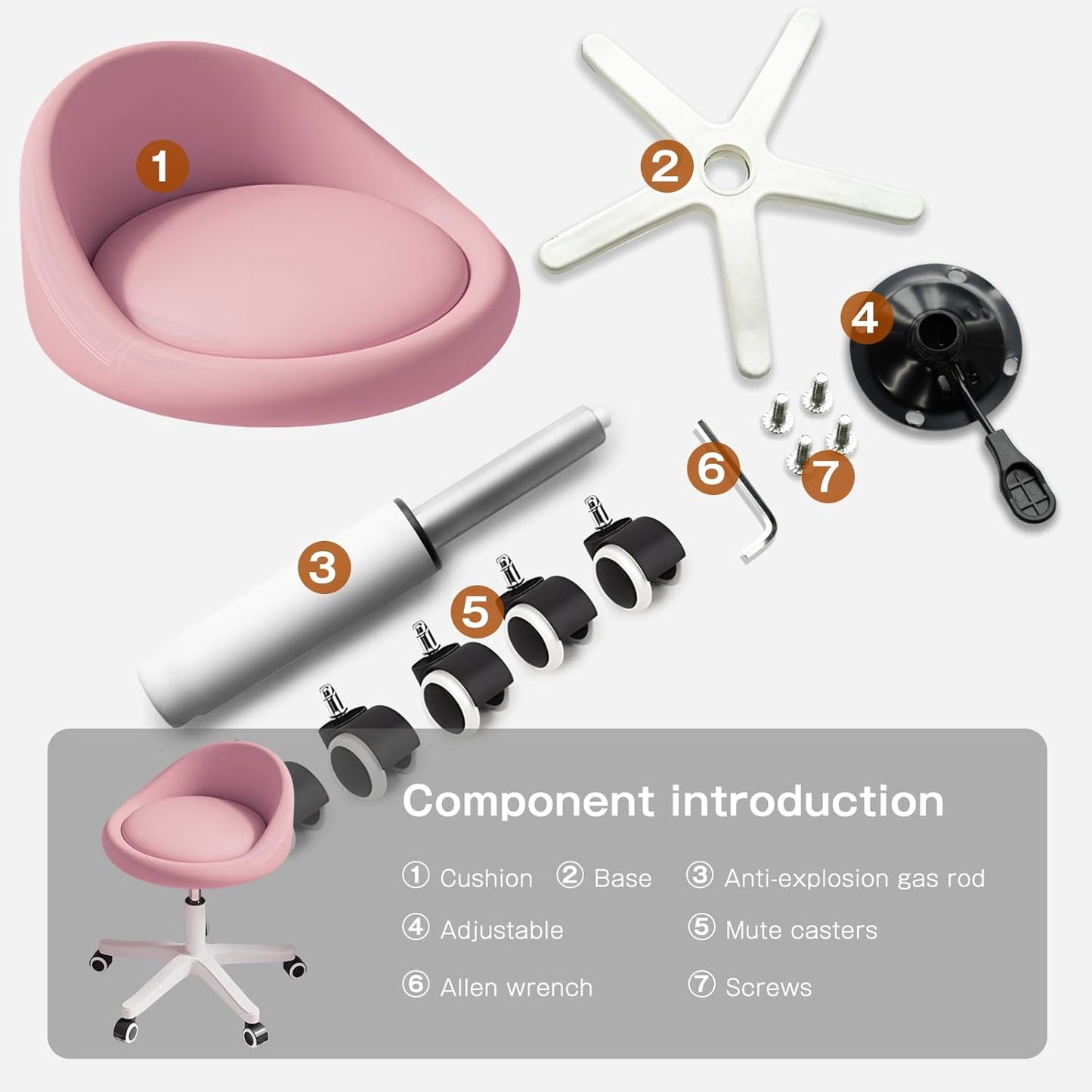 Rolling Stool Set of 3 Rolling Hydraulic Salon Stool with Low Backrest - Adjustable Swivel Chair for SPA, Shop, Salon, Massage, or Medical Office Pink