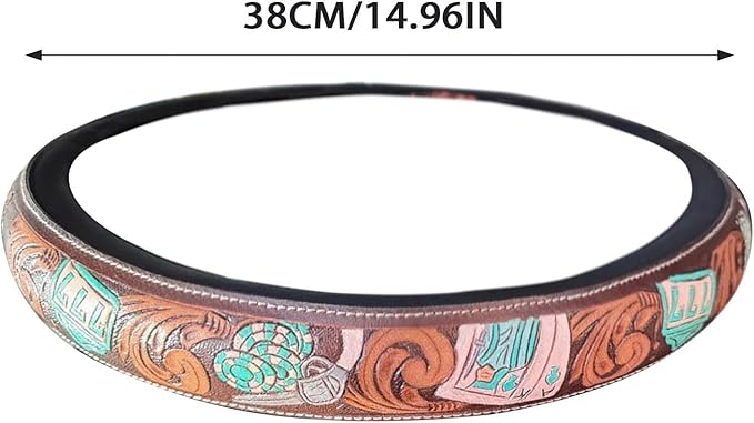 Retro Western Cowboy Car Universal Steering Wheel Cover, Embossed Handcrafted Tooled Leather Western,Anti Slip, Auto Interiors Accessories,Breathable for Trucks SUVs Cars (A)