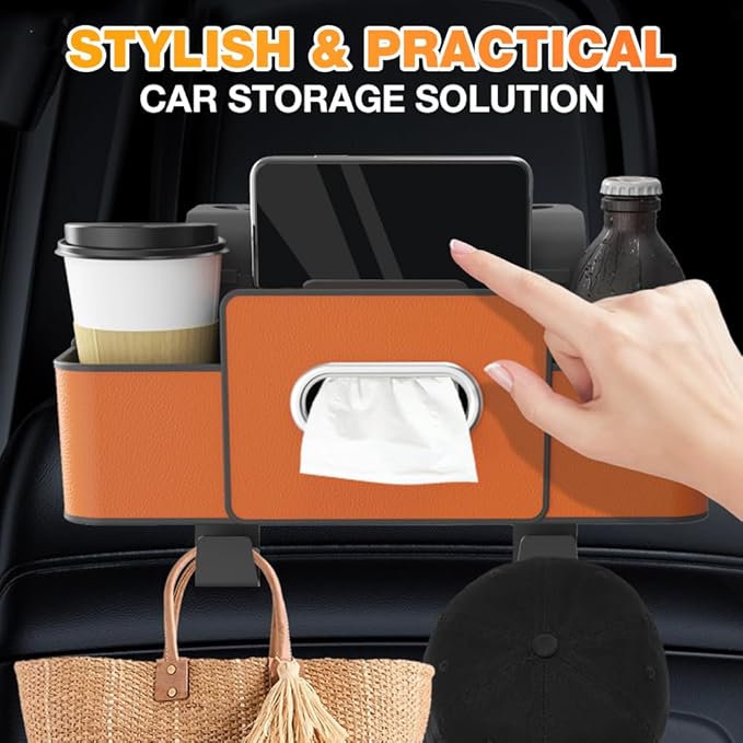 Back Seat Car Organizer,3 in 1 Car Backseat Storage Box with Cup Holder,Tissue Box,Trash Bin&Hooks,Multifunctional Waterproof Storage for Hold Phones Snacks Drinks Handbags (1, White+Black)