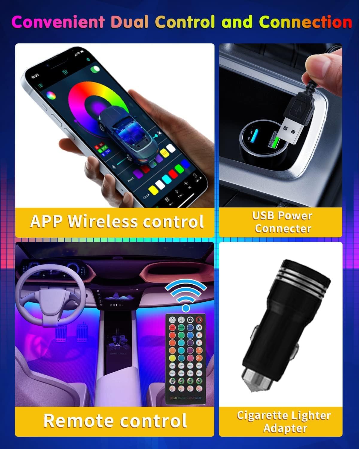 72LED USB Interior Strip Lights Dream Color RGB-IC 12V DC with App RF Remote Control Multicolor Footwell Under Dash Chasing Inside Light Kits Music Sync Mode for Cars Truck ATV UTV with Car Charger