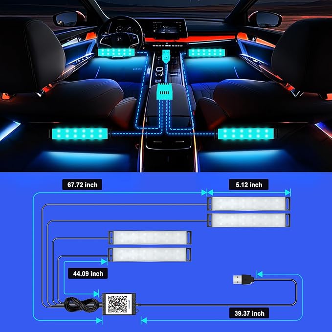 Honalia Interior Car Lights, 4Pcs Car LED Lights with Music Mode and Scene Options, Footwell Lighting for Car with Smart APP Control & USB Charger for Truck DC 5V