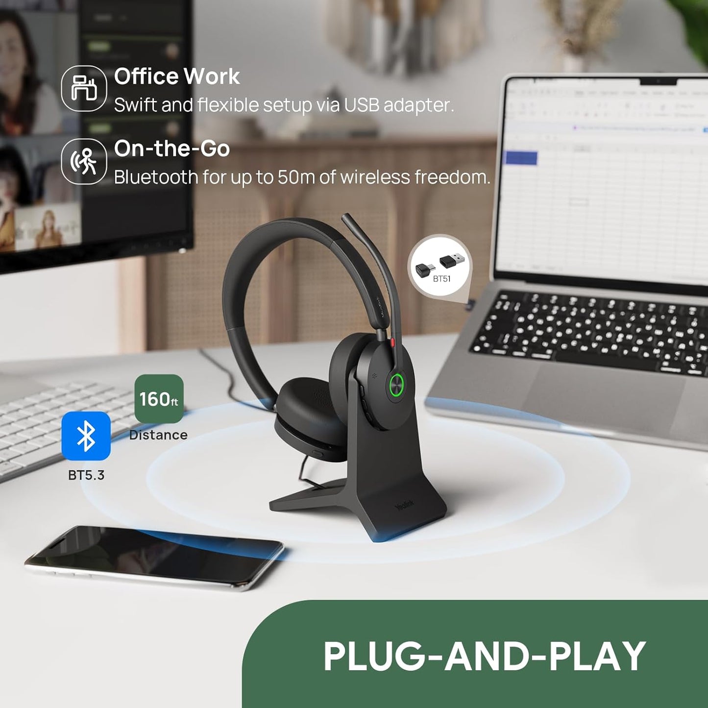 Yealink BH74 Active Noise Canceling Wireless Headset with Mic for Work, 6-mics Hybrid ANC Tech, Microsoft Teams Premium Open Office Certified Headsets Bluetooth 5.3, up to 32h Talking, UC Compatible