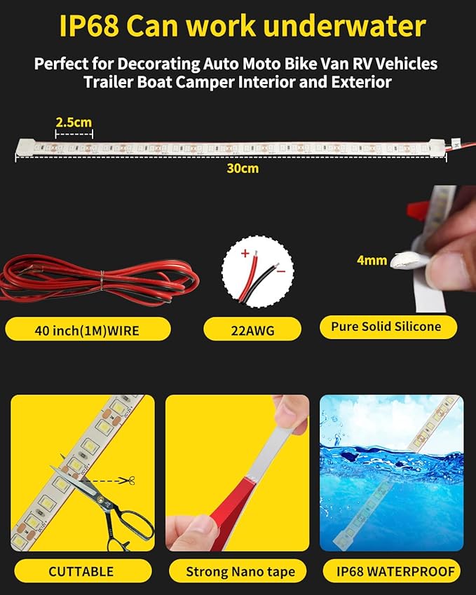 YM E-Bright LED Strip Light 30CM Waterproof for Car Motorcycles Decoration Vehicle Interior Exterior DRL Daytime Running Flexible DC12V,Red(Pack of 4)