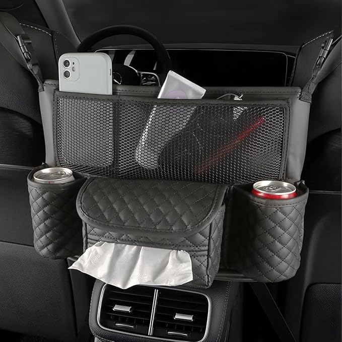 XINLIYA Car Handbag Holder Between Seats, PU Leather Multi-Pocket Large Capacity Purse Holder, Auto Net Bag Barrier of Backseat Pet Kids, Car Seat Organizers and Storage for Cargo Tissue Cup(Black)