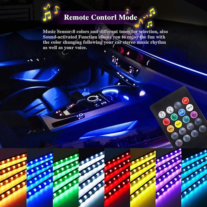 LivTee Car Led Interior Lights,4pcs 48 LED Multicolor Music Car Interior Accessories Under Dash Lighting Waterproof Kit with Sound Active Function and Wireless Remote Control, Car Charger Included