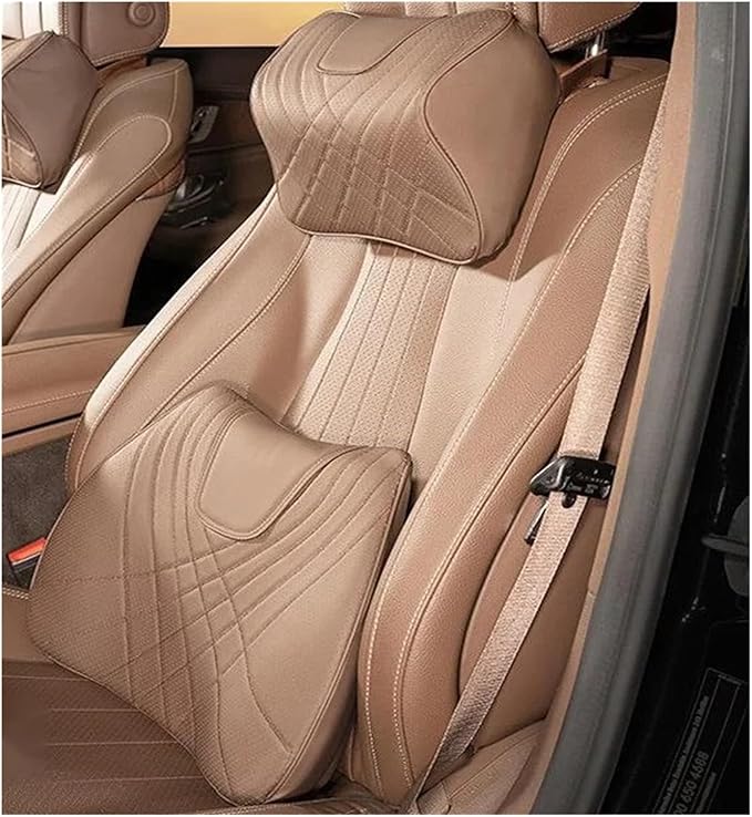 Car Pillow Car Headrest Pillow Set Sewing Leather Lumbar Waist Support Memory Foam Fit for Seat Neck Protctive Cushion Accessories Car Neck Pillow(A)