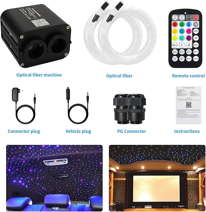 AMKI Dual Color 20W Twinkle Starlight Headliner Kit Mixed 860pcs*9.8ft Cables Fiber Optic Light Cable Sound Activated Music Mode APP/Remote Control Dual Port Light Box for Car Home Roof Decor