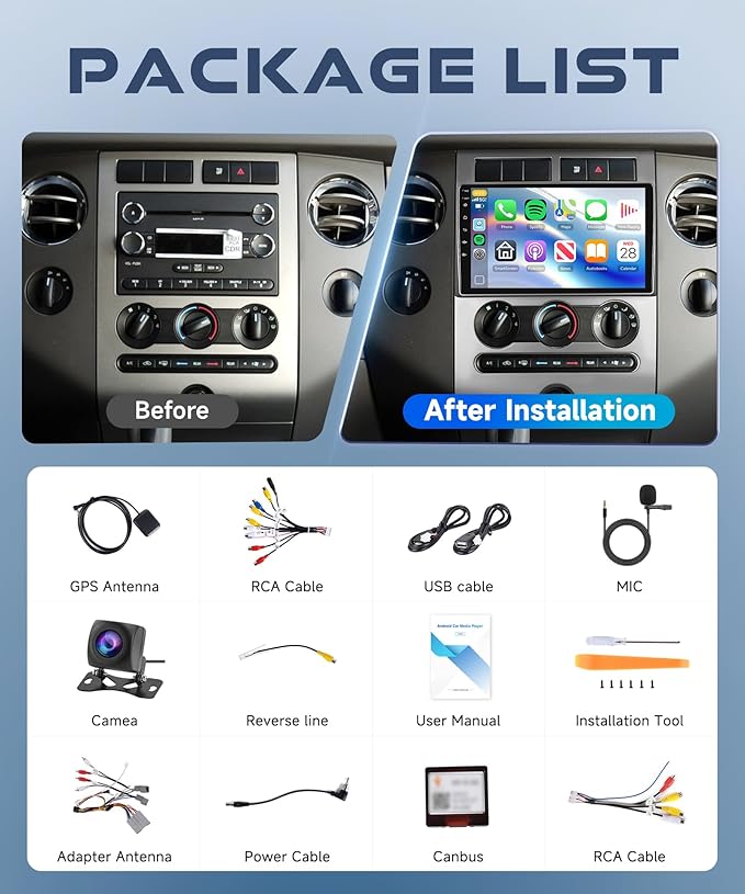 Rimoody 4G+64G Android Car Stereo for Ford Expedition 2007-2014 (Manual A/C) with Wireless Carplay Android Auto Radio, 9'' Touchscreen Head Unit GPS 5G-WiFi Bluetooth FM/RDS EQ-32 Backup Camera SWC