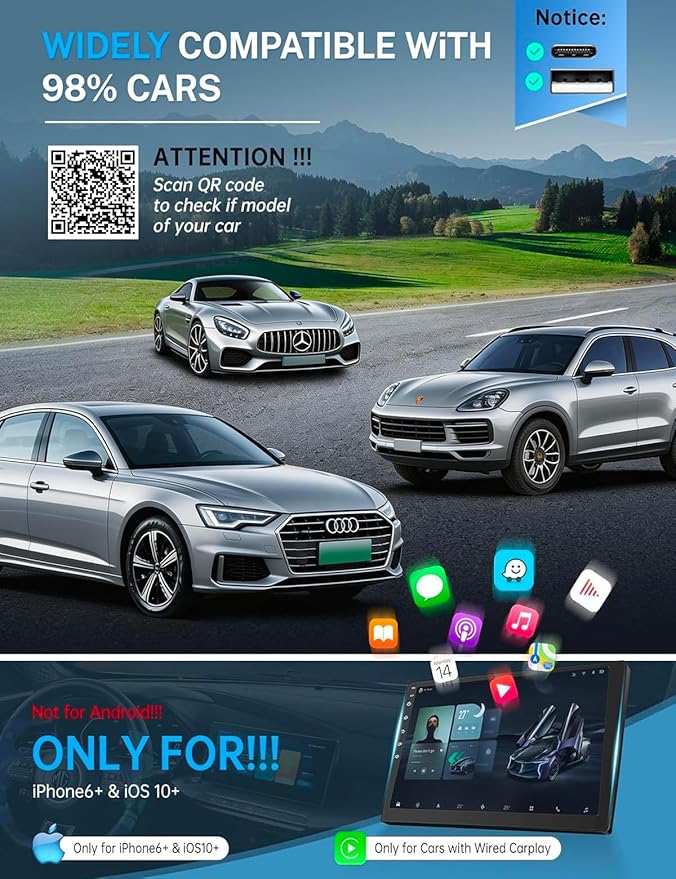 2026 Wireless CarPlay Adapter for iPhone & Android Auto Mini Wired to Wireless Apple Car Play Adapter Plug & Play Compatible for iPhone iOS 10+ Android 11+ with After 2016 Cars