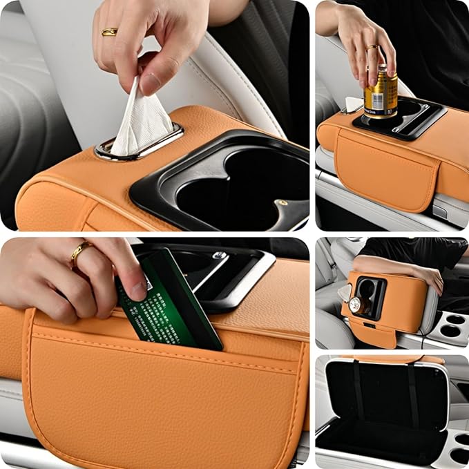 Car Armrest Pad Cover with Red Starry Sky LED Projection, Dual Type-C Charging Ports, Leather Car Center Console Cushion with Cup Holder, Tissue Holder (Red Starry Sky LED Projection, Orange)