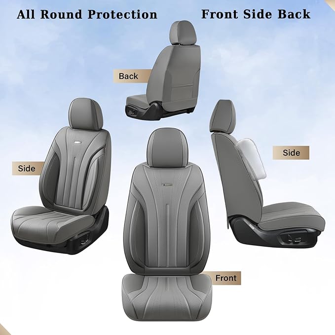 Coverado Car Seat Covers Full Set, Luxury Nappa Leather Seat Covers, Waterproof Seat Cover for Cars, Front and Rear Seat Cover Car Seat Protector, Automotive Seat Cover Universal Fit Most Cars(Gray)