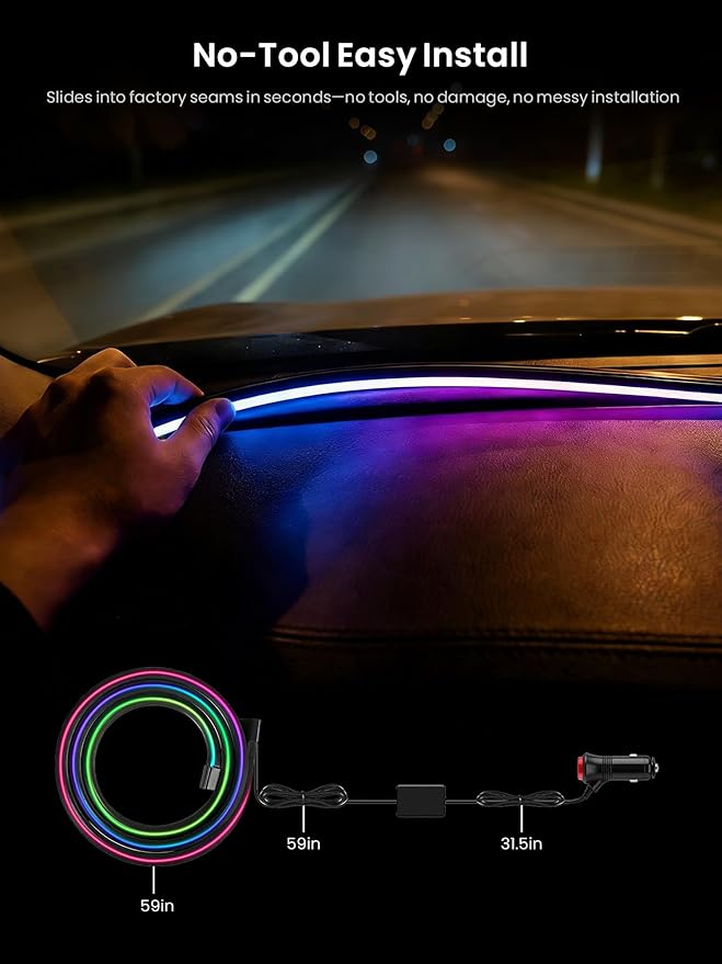 Car LED Lights Interior, 16M Colors APP & CarPlay Control, Music Sync, Auto-On/Off,Voltage Protection, Brightness Dimmer 12V DC LED Strip Lights for Car, Truck, SUV (Colorful 4.9ft)