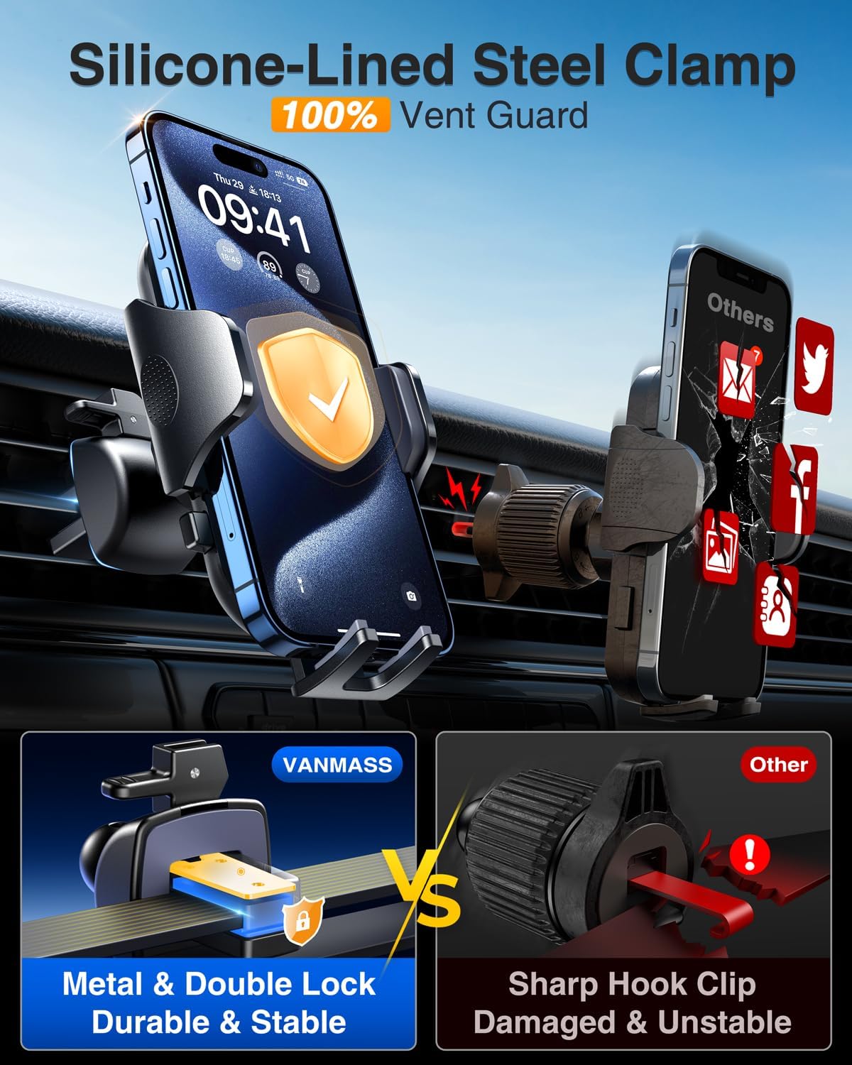 VANMASS Universal Car Phone Holder 2025ãStrongest Suction & Military-GradeãPhone Holders for Your Car Windshield Dashboard Vent withãPatent & Safety CertsãCell Phone Mount for iPhone Samsung Android