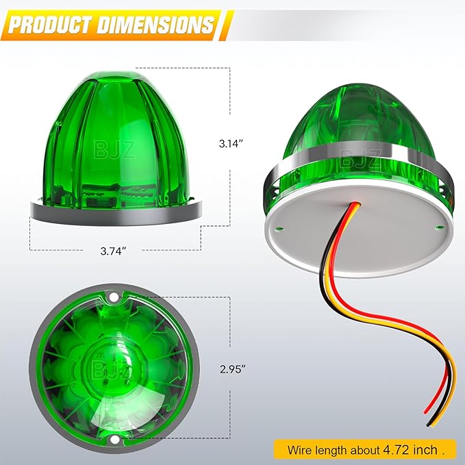 BJZ 4Pcs Green Watermelon LED Strobe+Constant Marker Lights Dual Function Watermelon-Shaped Side Marker Clearance Tail Top Cap Roof Lights for Trailer Truck Semi-Trailer Heavy-Duty Truck Bus Van