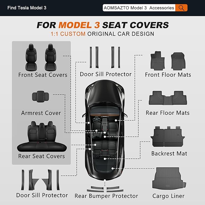 AOMSAZTO Car Seat Cover for Tesla Model 3 2024 2025 (Not for Performance) - Full Set Customized White Seat Covers (with Armrest Cover)