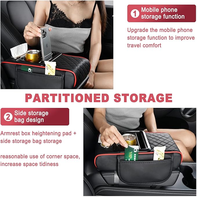 Car Armrest Storage Box for Nissan Hardbody (D21) 1986–1997, Center Console Organizer with Side Pocket, Ergonomic Memory Foam Armrest Cushion, Car Elbow Support Pad,D Red