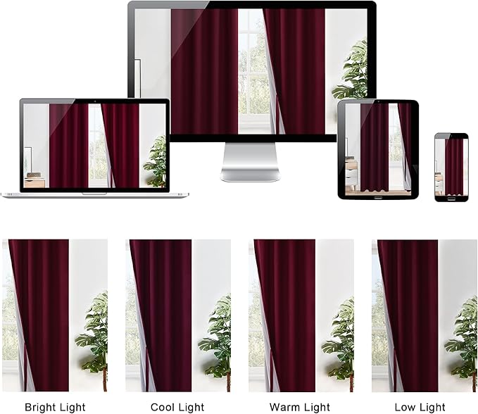 XWZO 100% Blackout Curtain Panels - Thermal Insulated Black Liner Curtains, Noise Reducing and Heat Blocking Drapes for Hall and Studio Windows with Tiebacks, Burgundy, W38 x L72, Set of 2