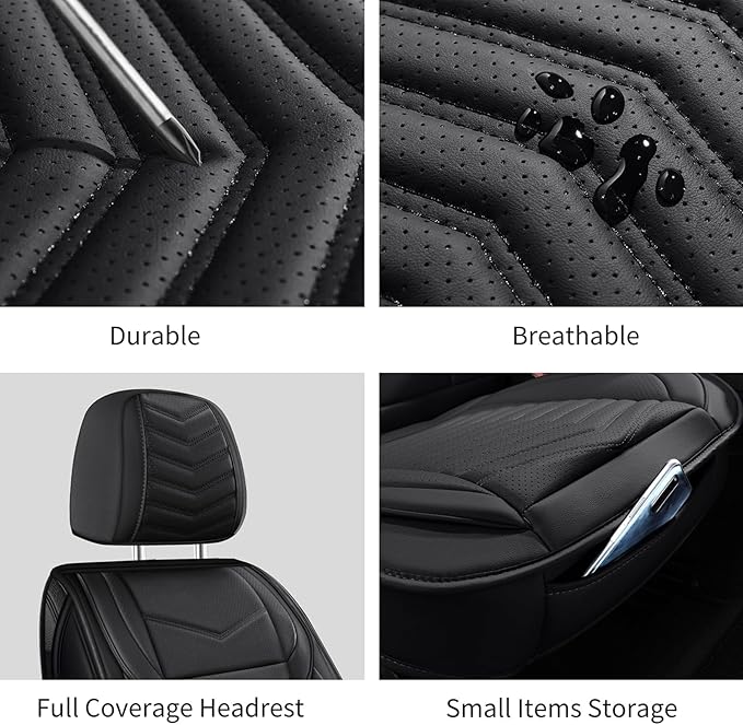 Nappa Leather Car Seat Covers Full Set, Black Car seat Protector 5 Seats, Waterproof Car Seat Cushion, Universal Automotive Seat Covers Fit for SUV Truck Pick-up Sedan, Front and Rear