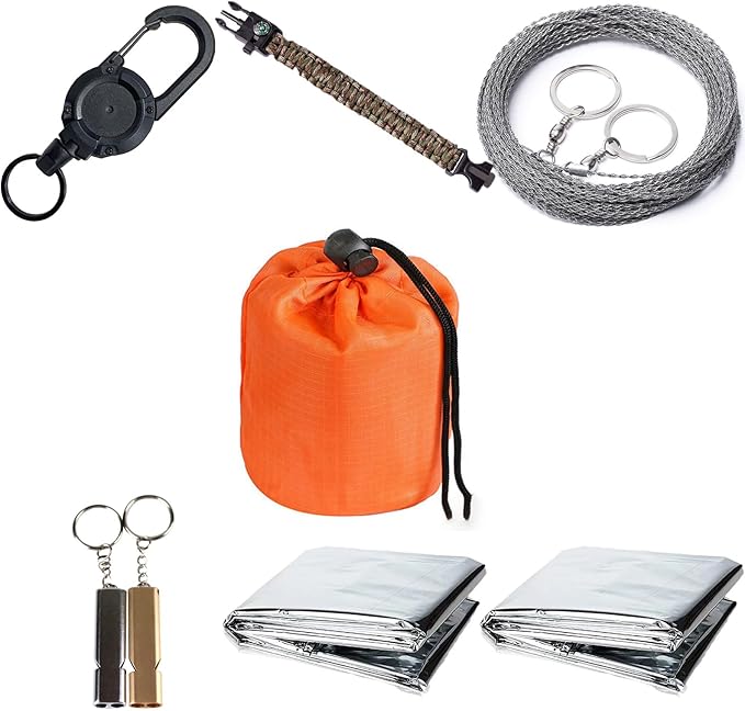 Outdoor Camping Tool kit-6-piece Set,2 Survival KitEmergency Thermal Blankets, Sleeping Bag, Paracord Bracelet, Wire Saw, Whistle for 2 Outdoor Survival Gear, Hiking, Camping, Car Emergency