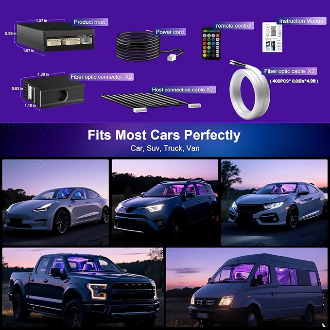 Split Starlight Headliner Kit - 400pcs 0.02in 4.9ft Fiber Optic RGBW Star Lights for Car with 2 Light Heads 16W Engine Easy to Hide,Flexible Wiring,APP/Remote Control for Car Roof Ceiling