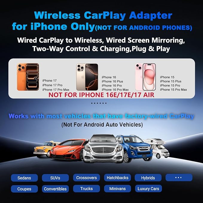 4-in-1 Wireless CarPlay Adapter for iPhone 15/16/17 & Newer, Wired Video Streaming, Screen Mirroring, Two-Way Control & Charging, Plug & Play for Factory Wired CarPlay (Black)