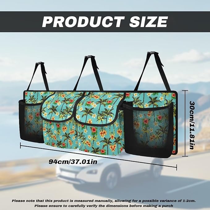 Green Coconut Palm Car Trunk Organizer Storage - Collapsible Pocket Automotive Expandable Sturdy Straps Folding Cargo Store for Auto Backseat