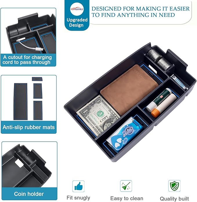 TOPINSTALL Blue Center Console Tray Compatible with Ford Escape 2020-2026 / Bronco Sport 2021-2025 Accessories, Long Compartment Storage Organizer Coin Container (Not for 2026 Sport)