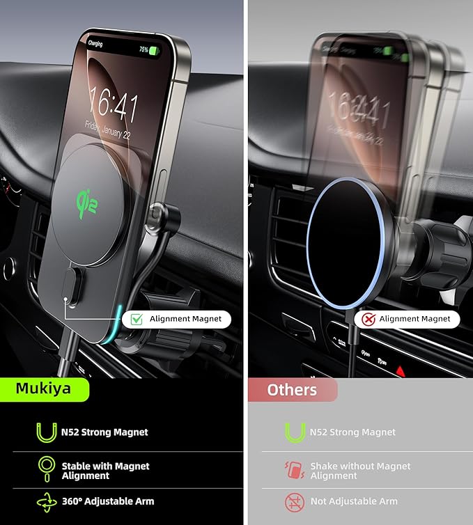 Mukiya for MagSafe Car Charger Mount, Qi2-Certified 15W Magnetic Wireless Car Charger Air Vent,Car Phone Holder Mount for iPhone 17/16/1514/13/12 Series, Pixel 10 Series, Galaxy S25 Series