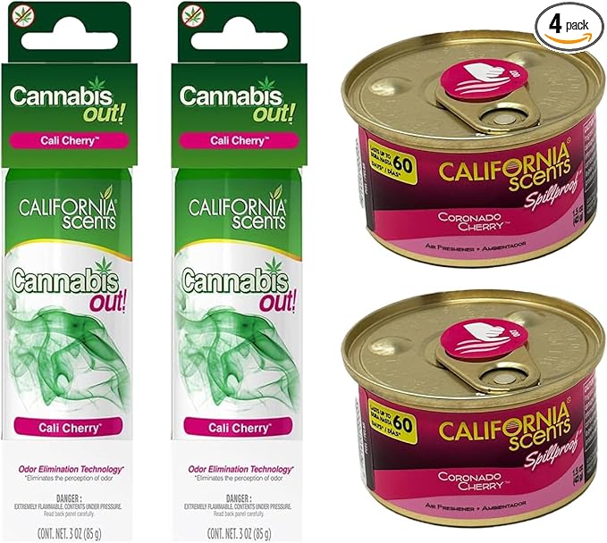 California Scents Spillproof Can, Coronado Cherry, and Cannabis Out Spray, Cali Cherry Combo Kit: Long Lasting Car Air Fresheners with California Scents' Signature Fragrances