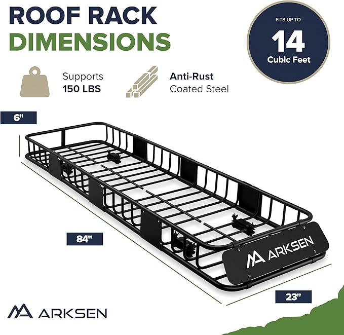ARKSEN Skinny Roof Rack 84"x23"x6" Cargo Carrier with Waterproof Bag & Anti-Slip Mat, Heavy Duty Weather Resistant Top Mount Cargo Basket, Luggage Camping Gear Storage for Car, Truck or SUV Transport