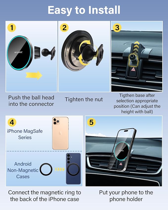 SKYLOTEC Phone Mount for Toyota RAV4 2013-2018 Accessories Car Magnetic Phone Holder Compatible with MagSafe, Strong Magnets Fast Wireless Charger Cell Phone Base