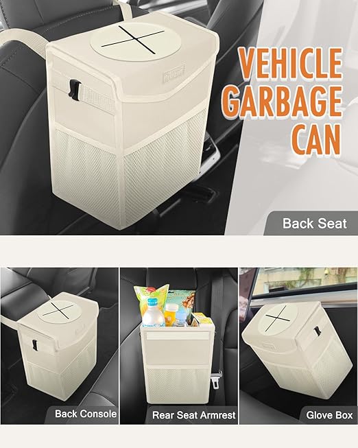 Pritent Car Trash Can with Lid, Cute Leakproof Car Trash Garbage Bag Hanging Vehicle Trash Bin Small Portable Automotive Garbage Cans Organizer for Back/Front Seat(Trapezoid,Ivory