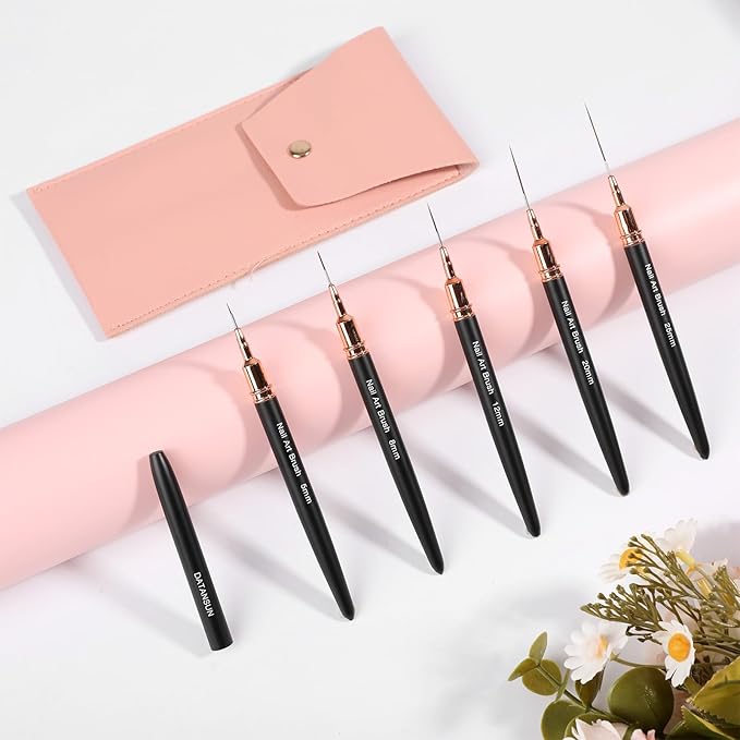 5PCS Nail Art Brushes Set with Pink Leather Case,【Metallic Material】 【Various Size】 【Light Weight】Nail Brush, Nail Brushes for Nail Art,Size:5mm,8mm,12mm,20mm,25mm,Black