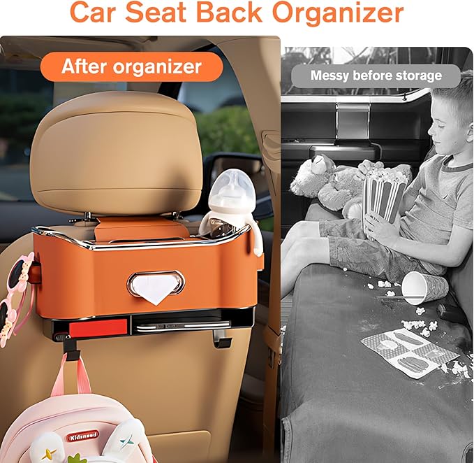 Multifunctional Car Seat Back Storage Box, Universal Car Seat Organizer, Car Seat Tissue Box and Organizer, Car Seat Paper Towel Organizer, Car Organizer with 2 Drink Cup Holders (White)