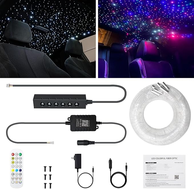 AZIMOM 6LED Colorful Fiber Optic Starlight Headliner Kits 360pcs*0.03in*13.1ft Fiber Strands APP& Remote Control Mix Color Chase Timing Fiber Optic Star Light for Car Home Sky Star Decoration