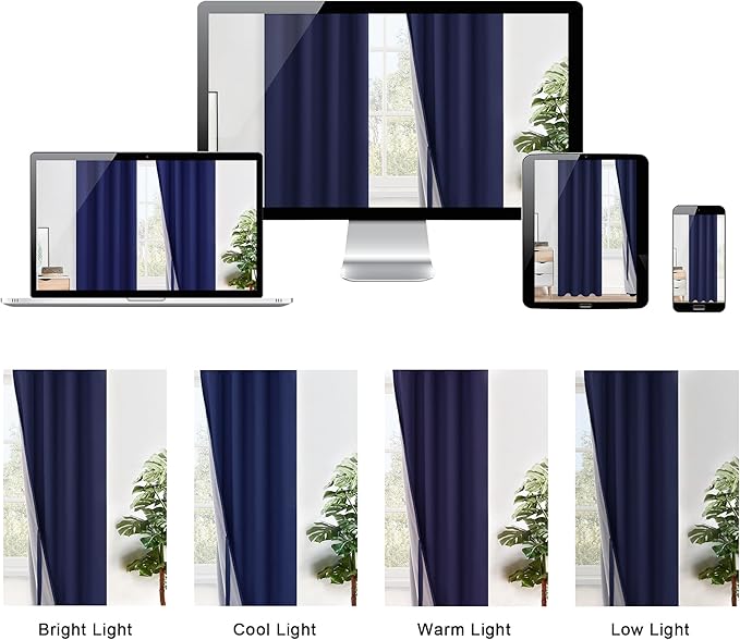 XWZO 100% Blackout Curtain Panels - Thermal Insulated Black Liner Curtains, Noise Reducing and Heat Blocking Drapes for Hall and Studio Windows with Tiebacks, Navy Blue, W52 x L54, Set of 2