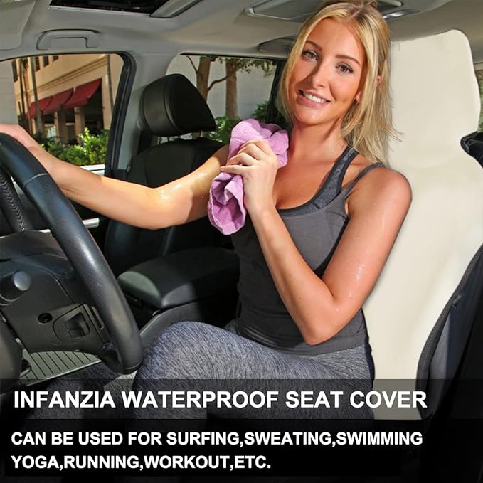 INFANZIA Premium Waterproof Seat Cover Towel Protector Neoprene Universal Fit, Upgraded 100% Washable & Removable Non-Slip Sweat Carseat Towel Covers, Perfect for Gym/Yoga/Workout(Beige,2PCS
