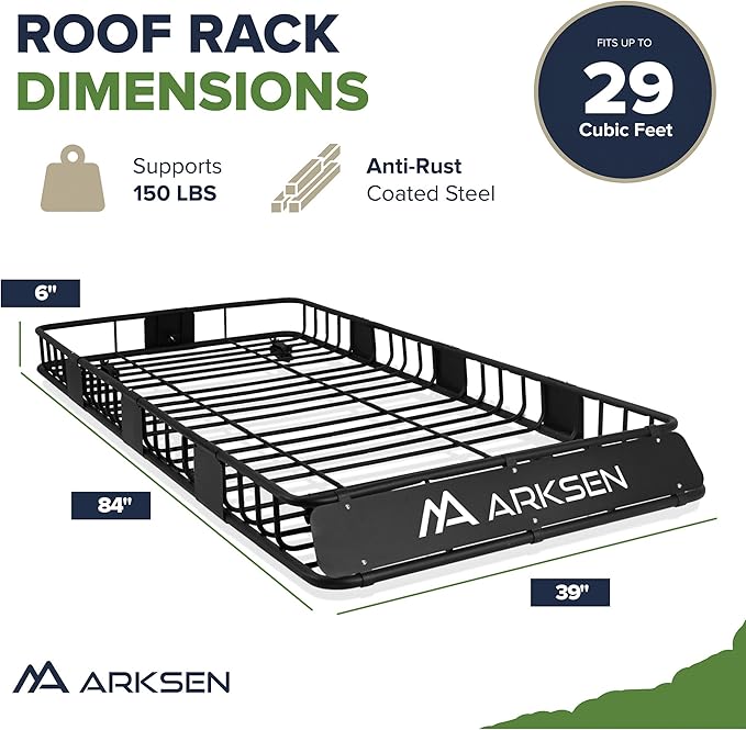 ARKSEN 84" x 39" x 6" Roof Rack Basket with Extension, 2 Cargo Net & Ratchet Straps, 150 lb Heavy-Duty Steel Cargo Carrier, Fits Crossbars up to 1.38" Thick, for SUV & Pickup Truck