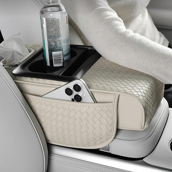 Car Armrest Cushion Cover Car Center Console Memory Foam Booster Pad with Storage Pocket and Tissue Hole for Sedan Vehicle (Cupholder - Orange, 13.39 * 7.68 * 2.95'' / 34 * 19.5 * 7.5cm)