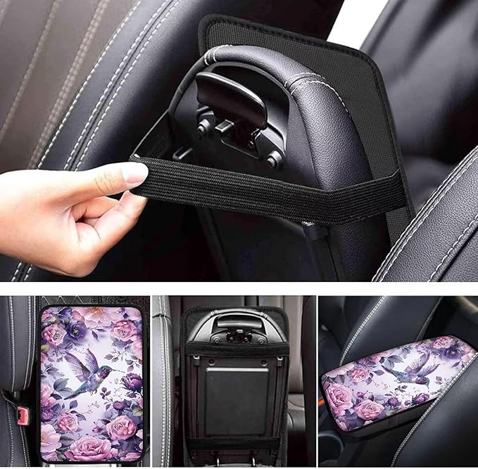 Suobstales Hummingbird Rose Flower Print Car Armrest Pad Soft Center Console Arm Rest Protector Cover Universal Car Interior Accessories Decoration