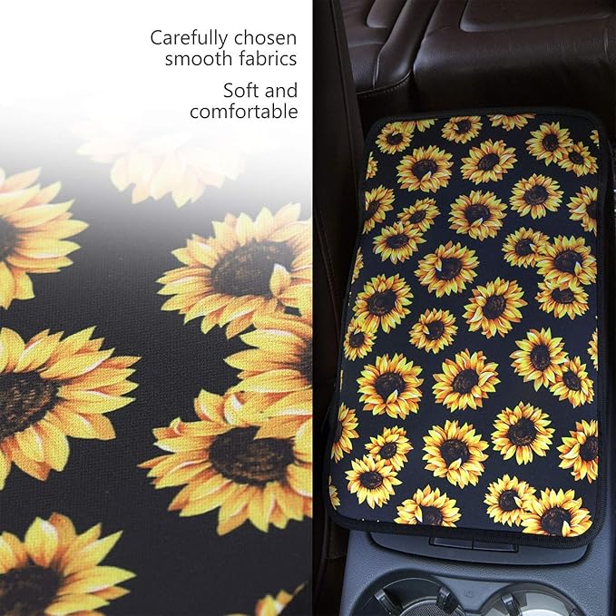 Dreaweet Sunflower Cow Print Car Armrest Cover Center Console Arm Rest Box Pad Mat Cute Car Accessories for Women Girls,Universal Fit SUV